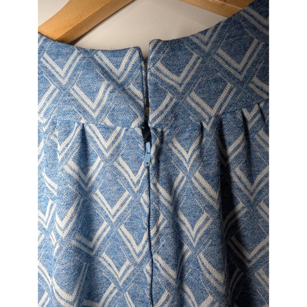 Vintage Handmade Blue Geometric Long Sleeve Midi Dress w/ Tie Waist - Picture 8 of 9
